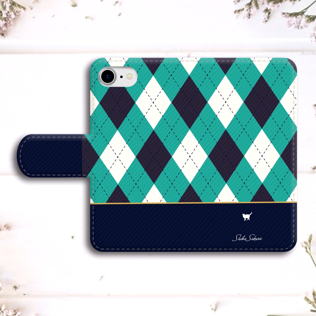 猫とアーガイルの手帳型スマホケース(青) 全機種対応 猫 黒猫 チェック 手帳型 スマホケース iphone15 iphone16e iphone13 iPhone17 Air メンズ
