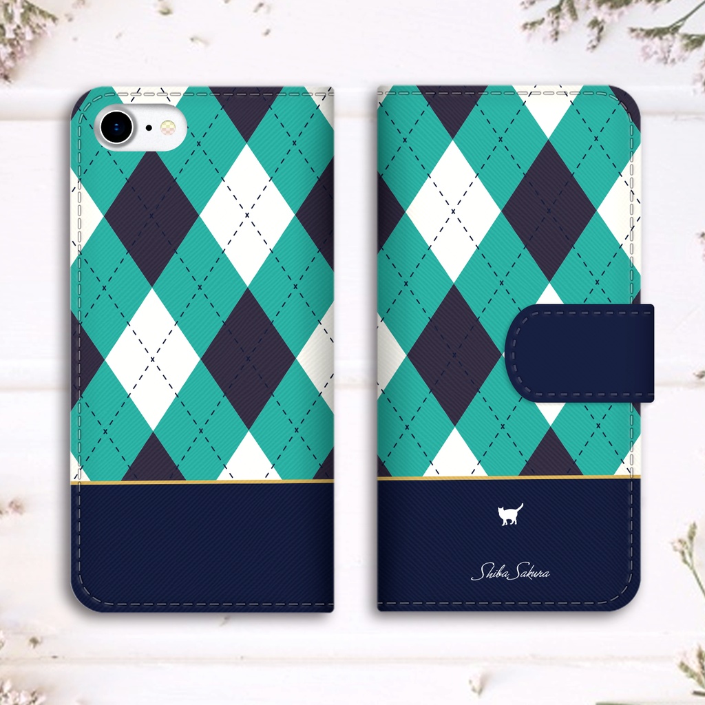 猫とアーガイルの手帳型スマホケース(青) 全機種対応 猫 黒猫 チェック 手帳型 スマホケース iphone15 iphone16e iphone13 iPhone17 Air メンズ