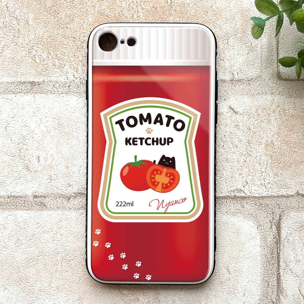 にゃんこケチャップのスマホケース 強化ガラス iphone15 トマト 猫 黒猫 スマホケース iphone16 iphone13 iphone14