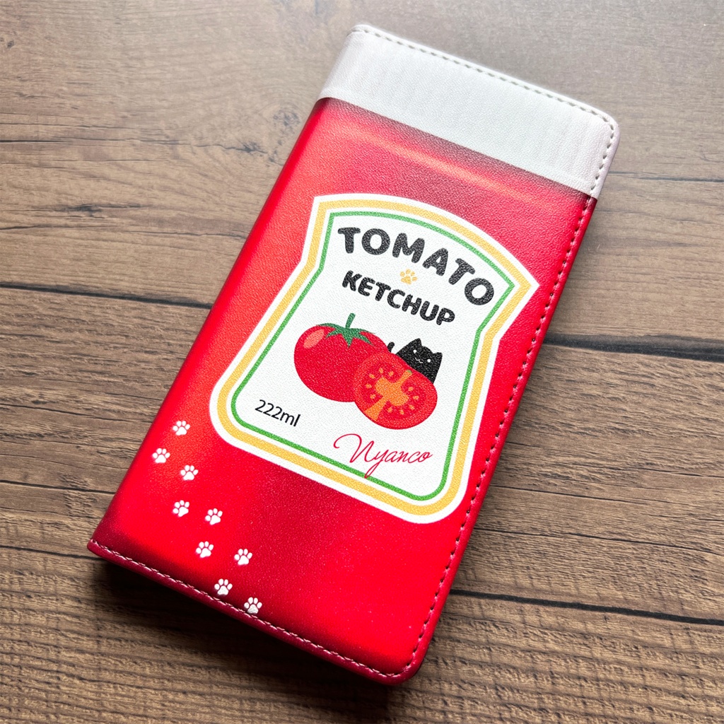 にゃんこケチャップの手帳型スマホケース iphone15 iPhone17 Air トマト 猫 黒猫 スマホケース iphone14 iphone16e