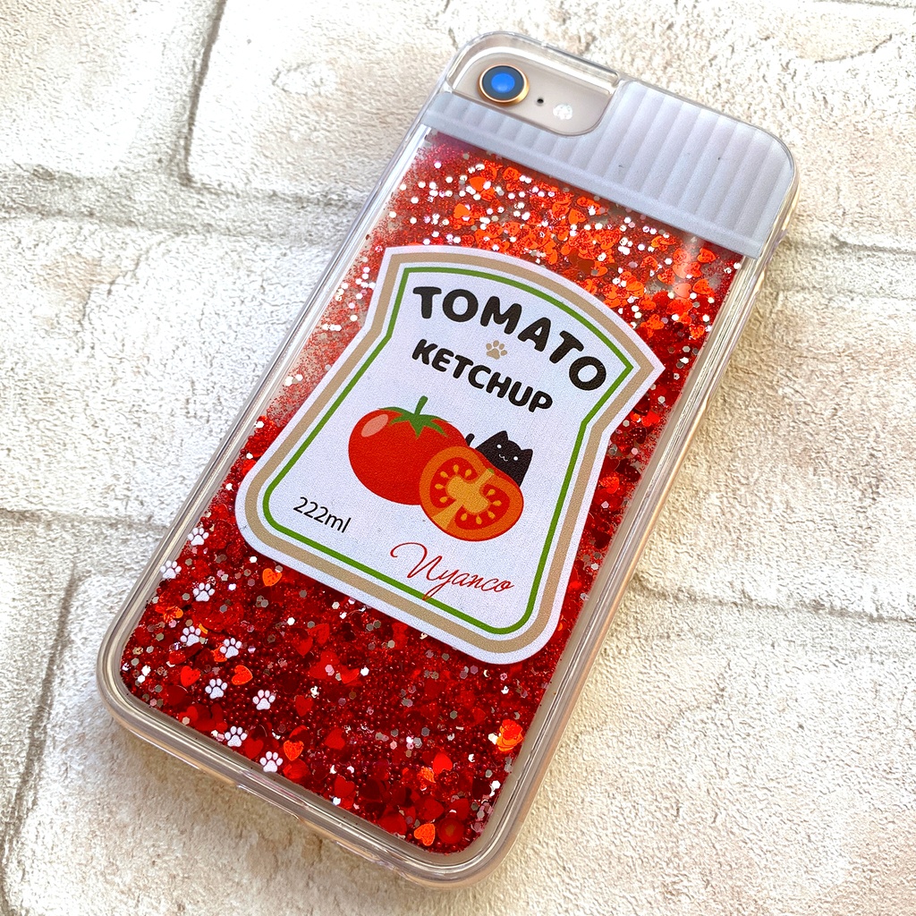 にゃんこケチャップのグリッターケース スマホケース iphone13 iPhone16e iphone17 air 猫 黒猫 かわいい トマト グリッター キラキラ