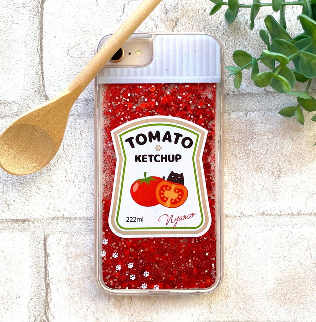 にゃんこケチャップのグリッターケース スマホケース iphone13 iPhone16e iphone17 air 猫 黒猫 かわいい トマト グリッター キラキラ
