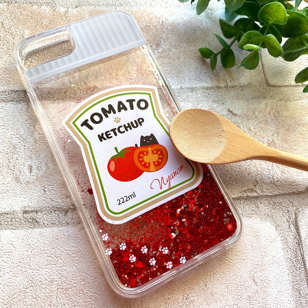 にゃんこケチャップのグリッターケース スマホケース iphone13 iPhone16e iphone17 air 猫 黒猫 かわいい トマト グリッター キラキラ