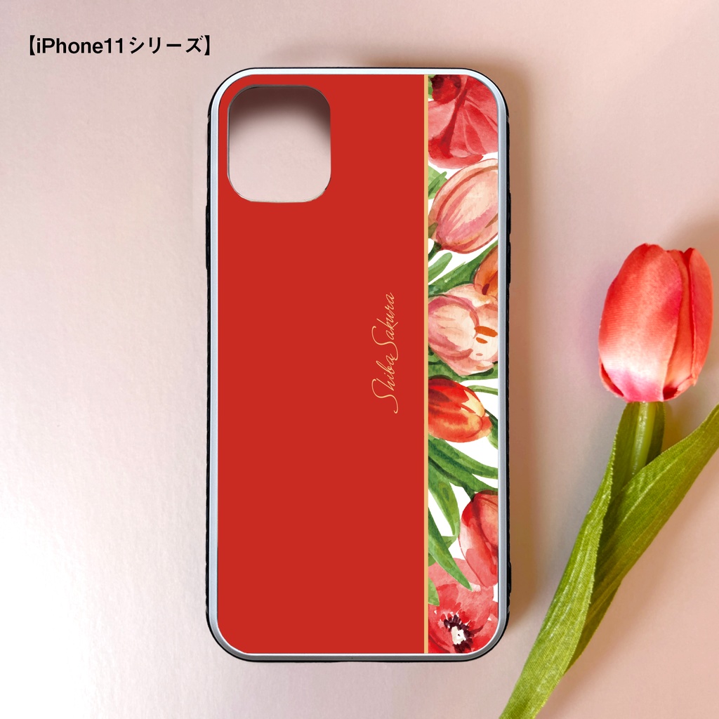 チューリップのガラススマホケース(レッド) iPhone17e Air iphone16 チューリップ 春 スマホケース iphone15 iphone13 iphone14