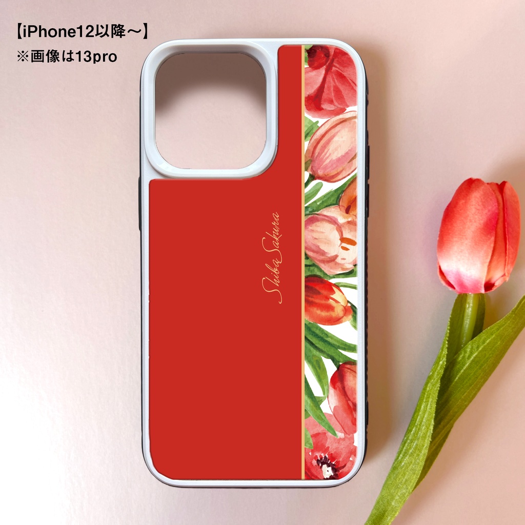 チューリップのガラススマホケース(レッド) iPhone17e Air iphone16 チューリップ 春 スマホケース iphone15 iphone13 iphone14