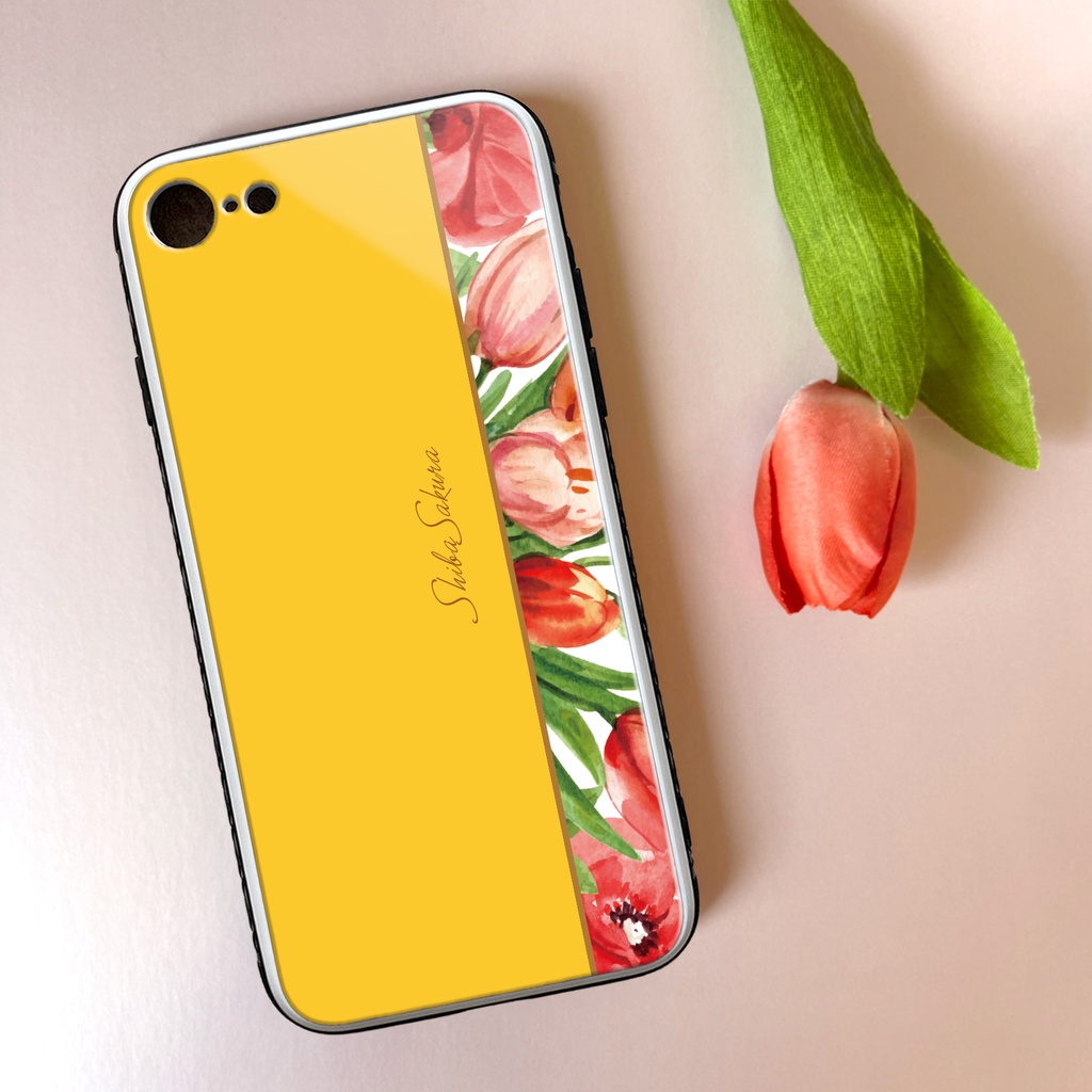 チューリップのガラススマホケース(イエロー) iphone16 iPhone17e Air チューリップ 春 スマホケース iphone15 iphone13 iphone14