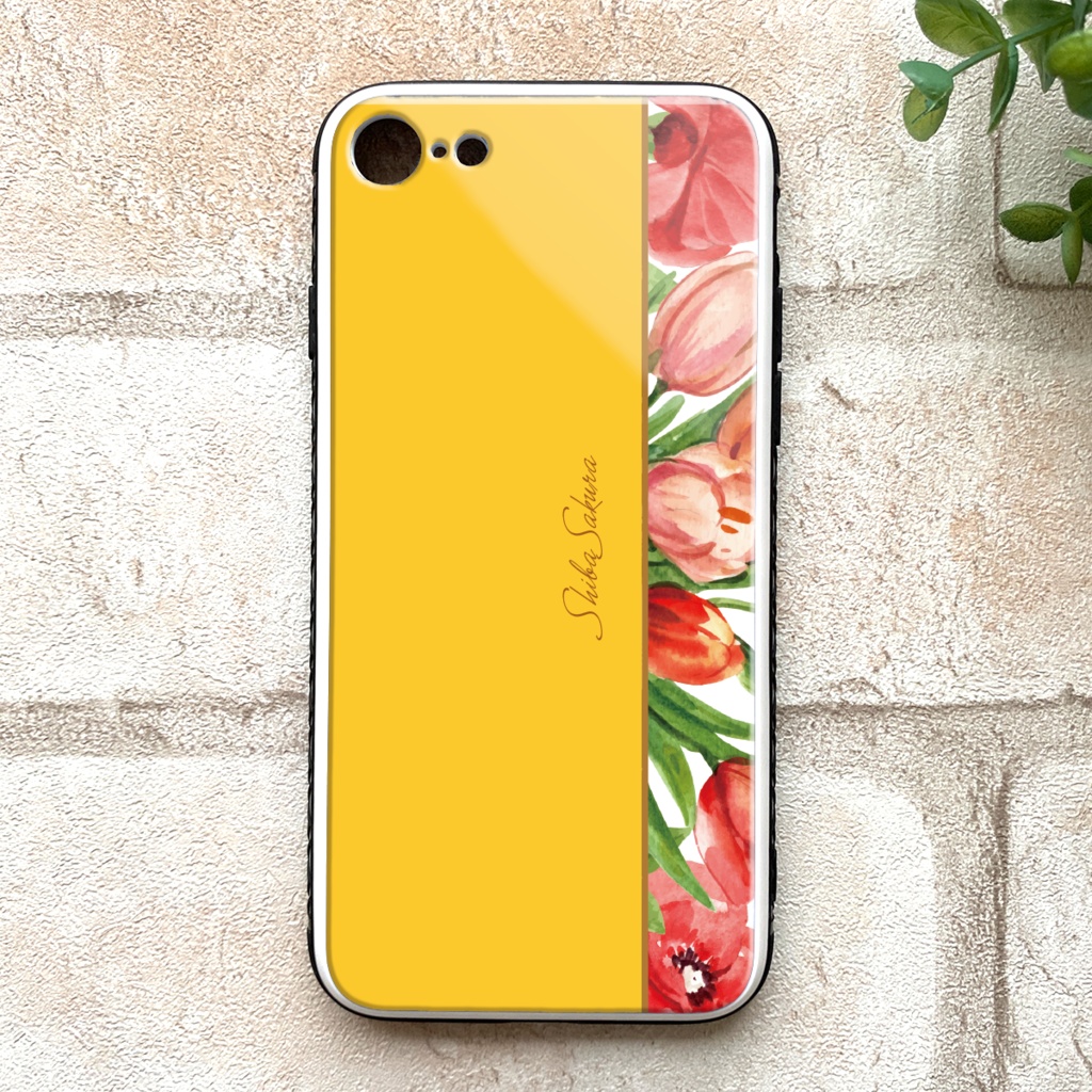 チューリップのガラススマホケース（イエロー） iphone16 チューリップ 春 スマホケース iphone15 iphone13 iphone14