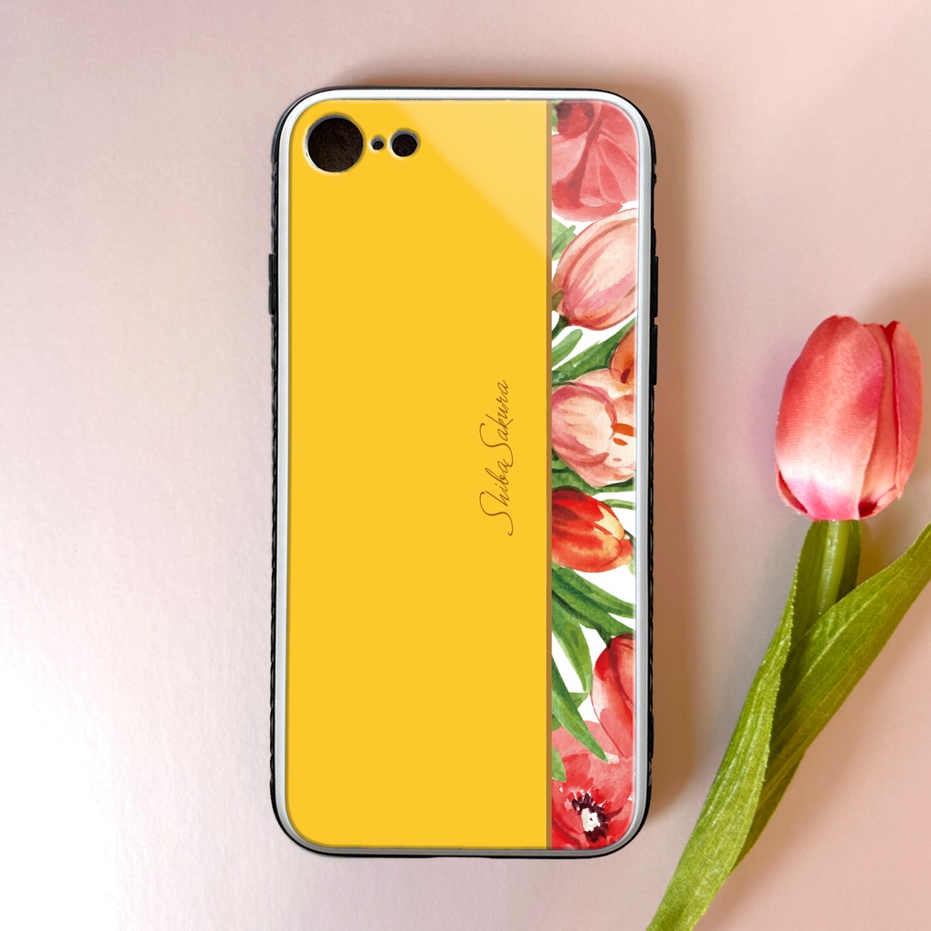 チューリップのガラススマホケース(イエロー) iphone16 iPhone17e Air チューリップ 春 スマホケース iphone15 iphone13 iphone14