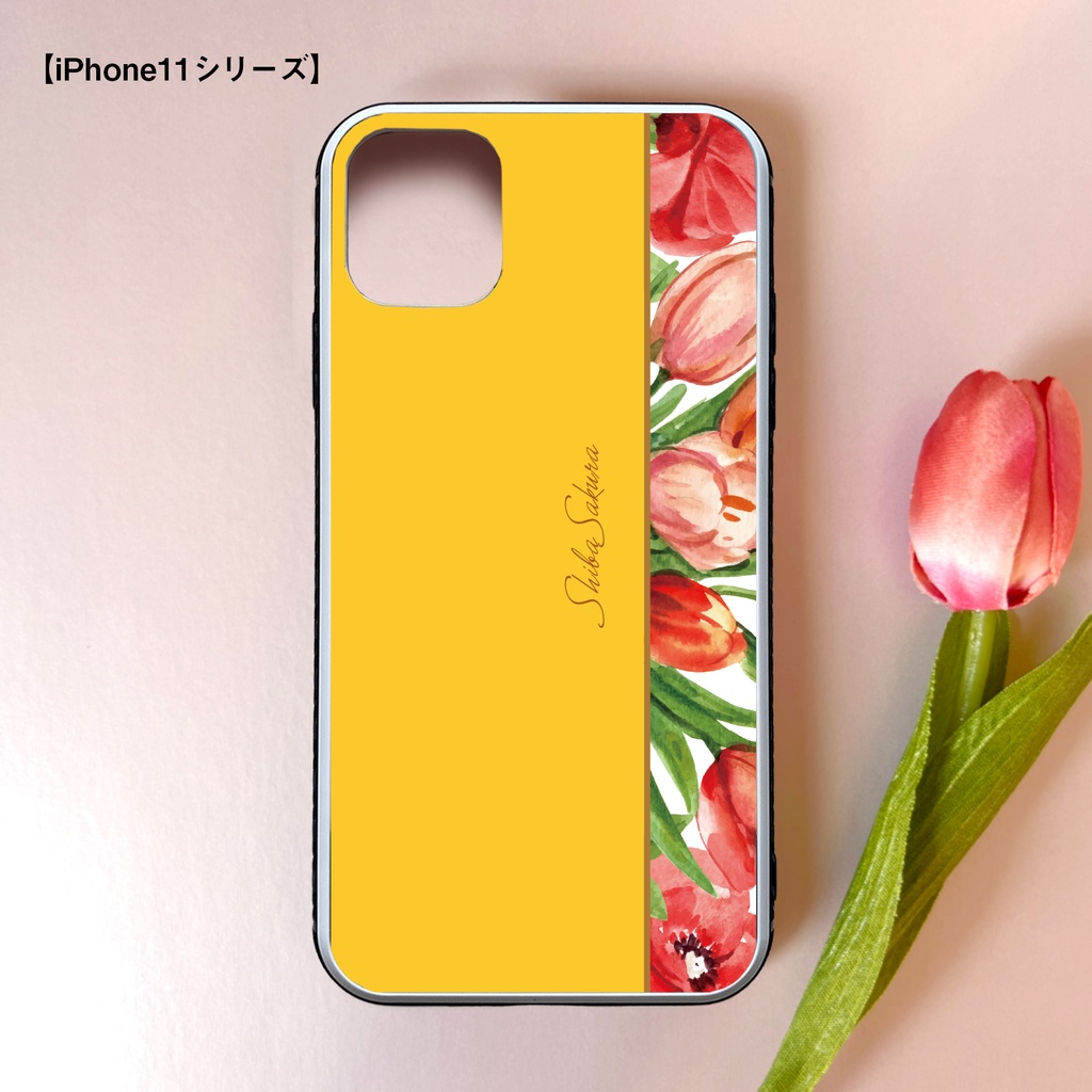 チューリップのガラススマホケース(イエロー) iphone16 iPhone17e Air チューリップ 春 スマホケース iphone15 iphone13 iphone14
