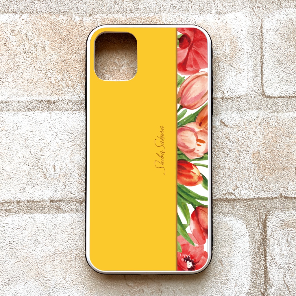 チューリップのガラススマホケース(イエロー) iphone16 iPhone17 Air チューリップ 春 スマホケース iphone15 iphone13 iphone14