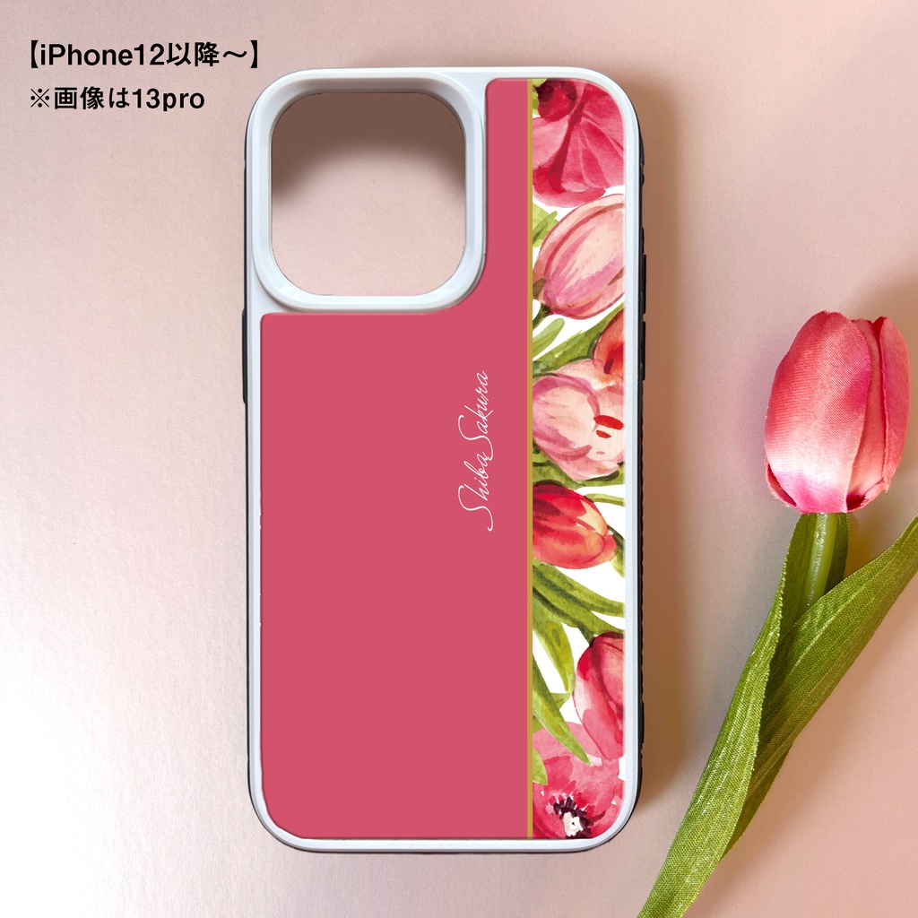 チューリップのガラススマホケース(フューシャピンク) iphone16 iPhone17e Air チューリップ 春 スマホケース iphone15 iphone13 iphone14