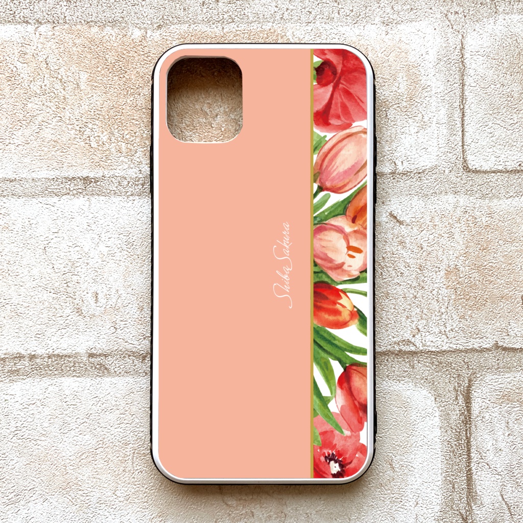 チューリップのガラススマホケース(サーモンピンク) iphone16 iPhone17 Air チューリップ 春 スマホケース iphone15 iphone13 iphone14