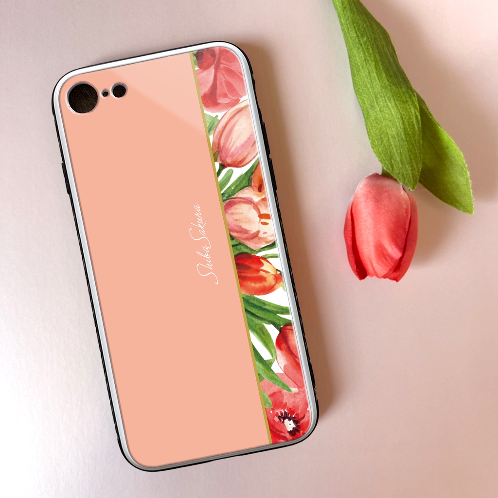 チューリップのガラススマホケース(サーモンピンク) iphone16 iPhone17e Air チューリップ 春 スマホケース iphone15 iphone13 iphone14