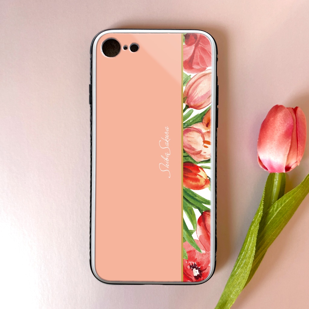 チューリップのガラススマホケース(サーモンピンク) iphone16 iPhone17e Air チューリップ 春 スマホケース iphone15 iphone13 iphone14