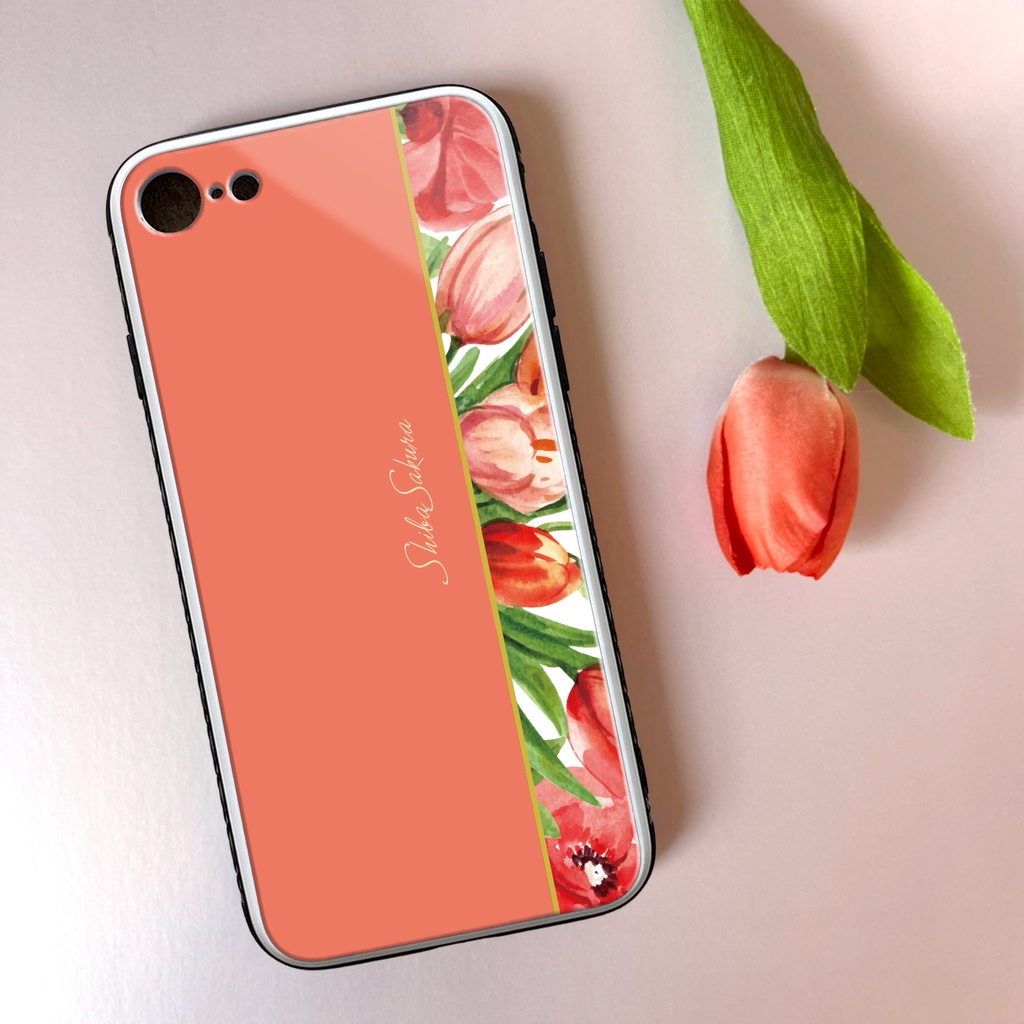 チューリップのガラススマホケース（コーラルピンク） iphone16 iPhone17 Air チューリップ 春 スマホケース iphone15 iphone13 iphone14