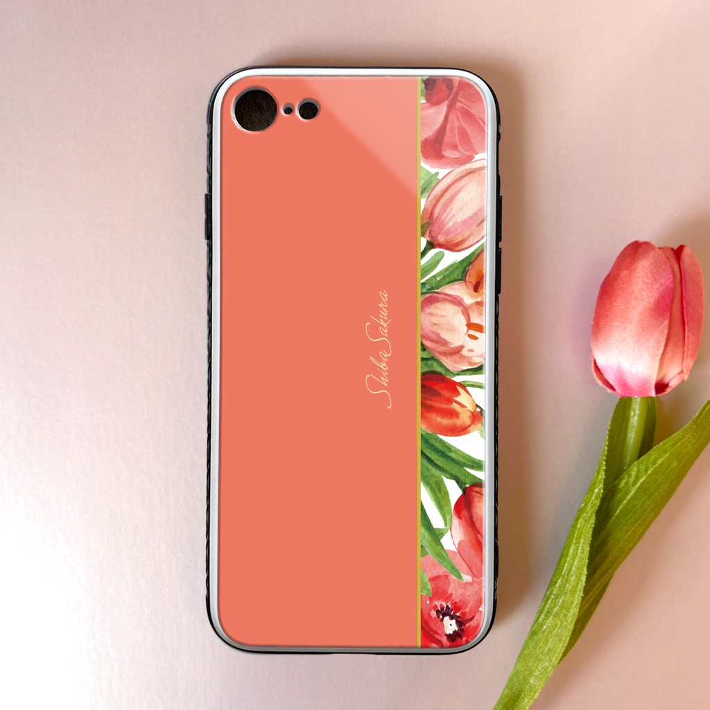 チューリップのガラススマホケース(コーラルピンク) iphone16 iPhone17 Air チューリップ 春 スマホケース iphone15 iphone13 iphone14