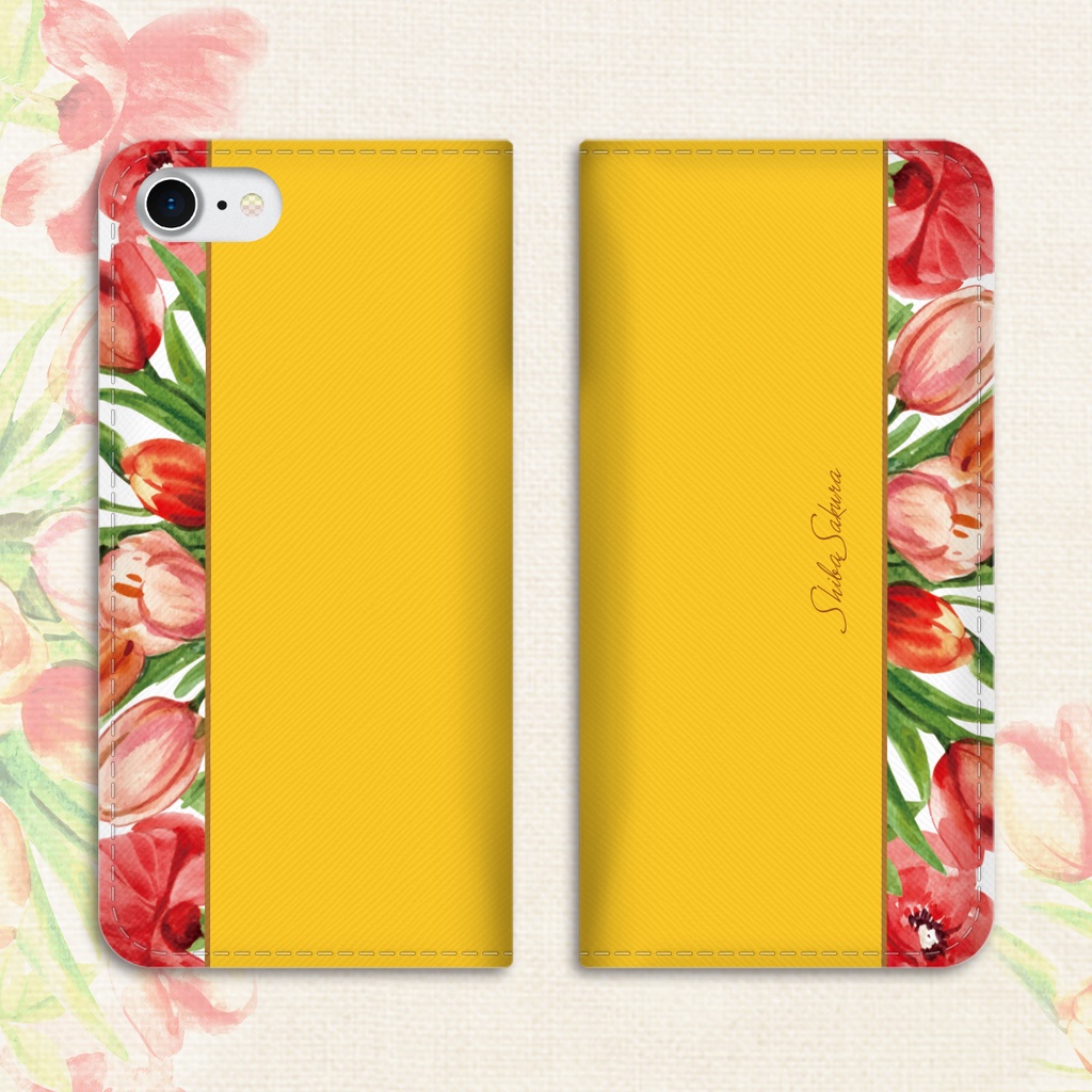 チューリップの手帳型スマホケース(イエロー) iPhone17 Air iphone14 iphone16e iphone15 全機種対応 花 手帳型 スマホケース チューリップ 春