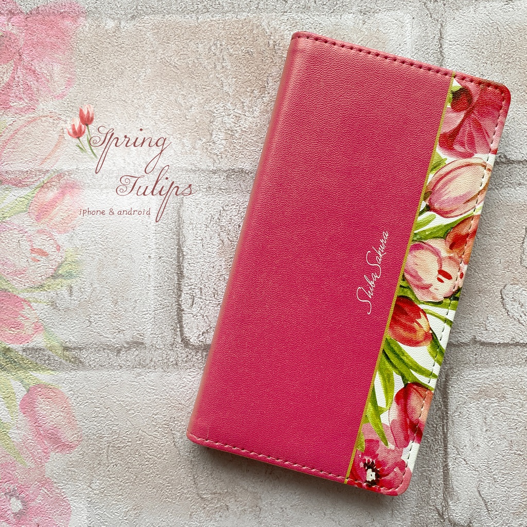 チューリップの手帳型スマホケース(フューシャピンク) iPhone17 Air iphone14 iphone16e iphone15 全機種対応 花 手帳型 スマホケース チューリップ 春