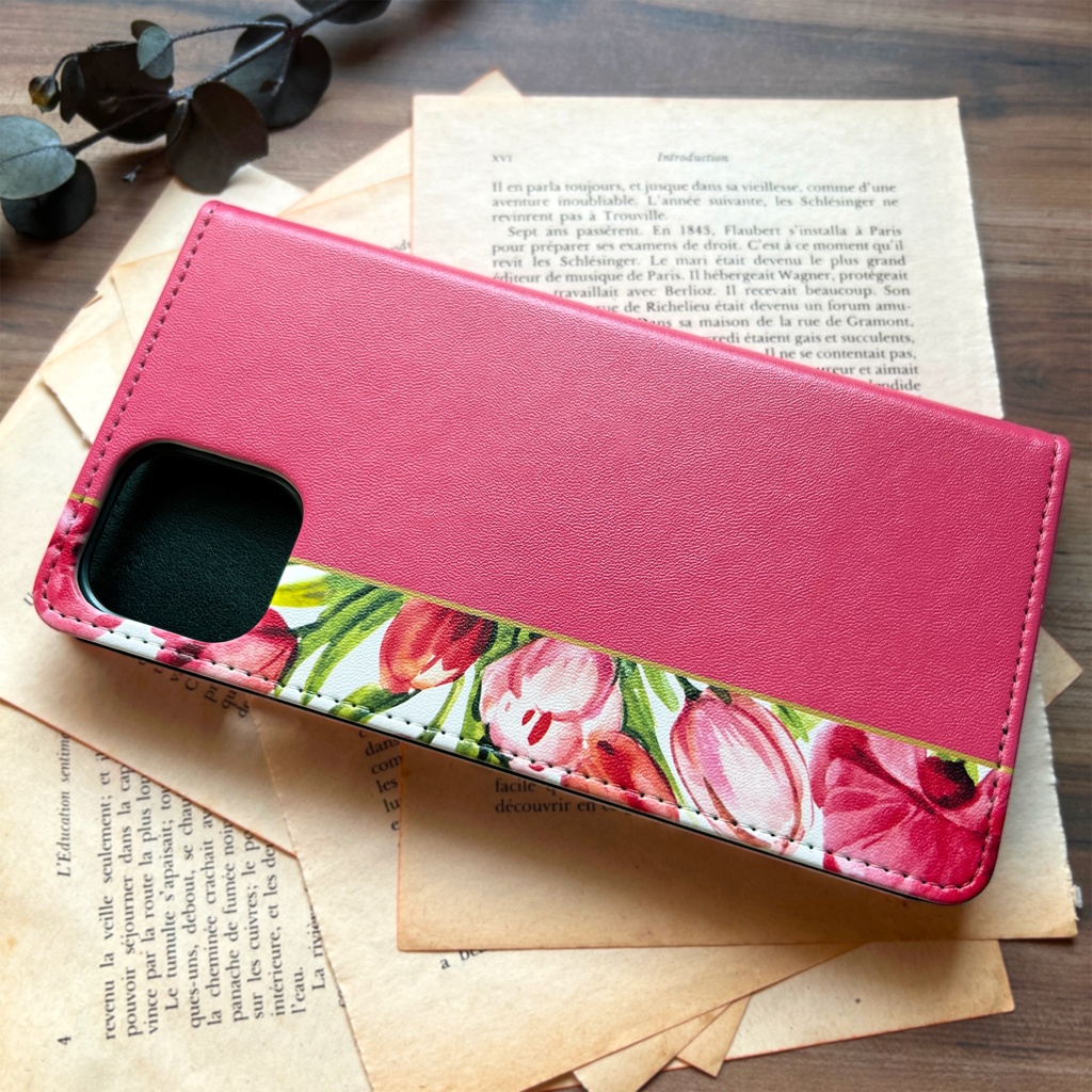 チューリップの手帳型スマホケース(フューシャピンク) iPhone17 Air iphone14 iphone16e iphone15 全機種対応 花 手帳型 スマホケース チューリップ 春