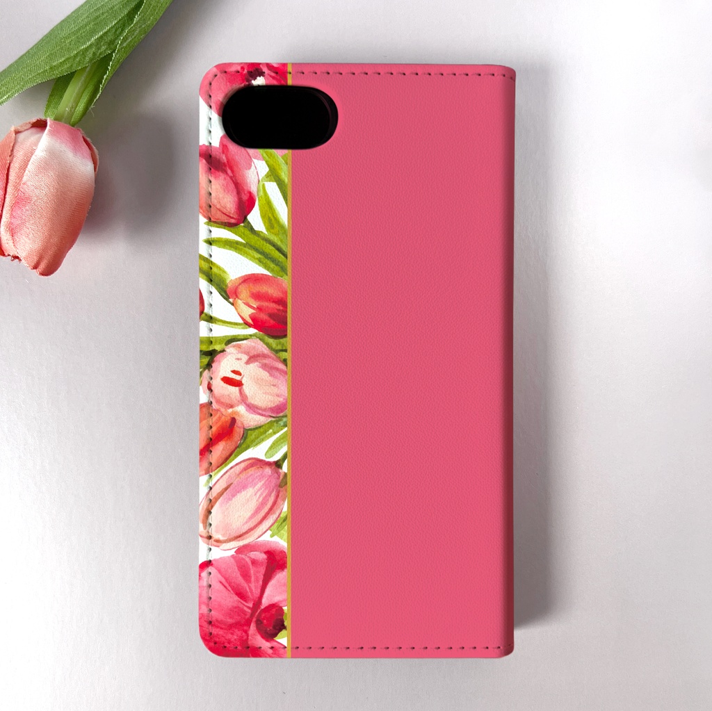 チューリップの手帳型スマホケース(フューシャピンク) iPhone17e Air iphone14 iphone16e iphone15 全機種対応 花 手帳型 スマホケース チューリップ 春