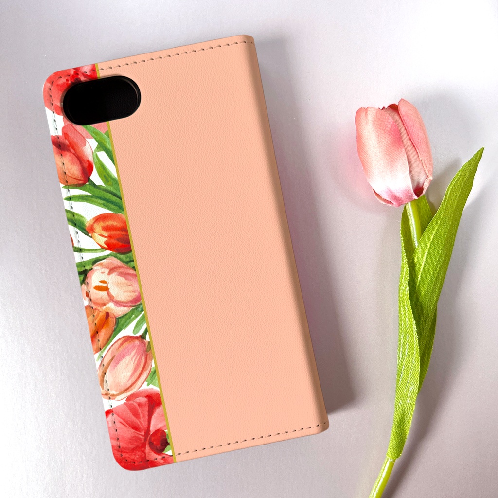 チューリップの手帳型スマホケース(サーモンピンク) iPhone17e Air iphone14 iphone16e iphone15 全機種対応 花 手帳型 スマホケース チューリップ 春