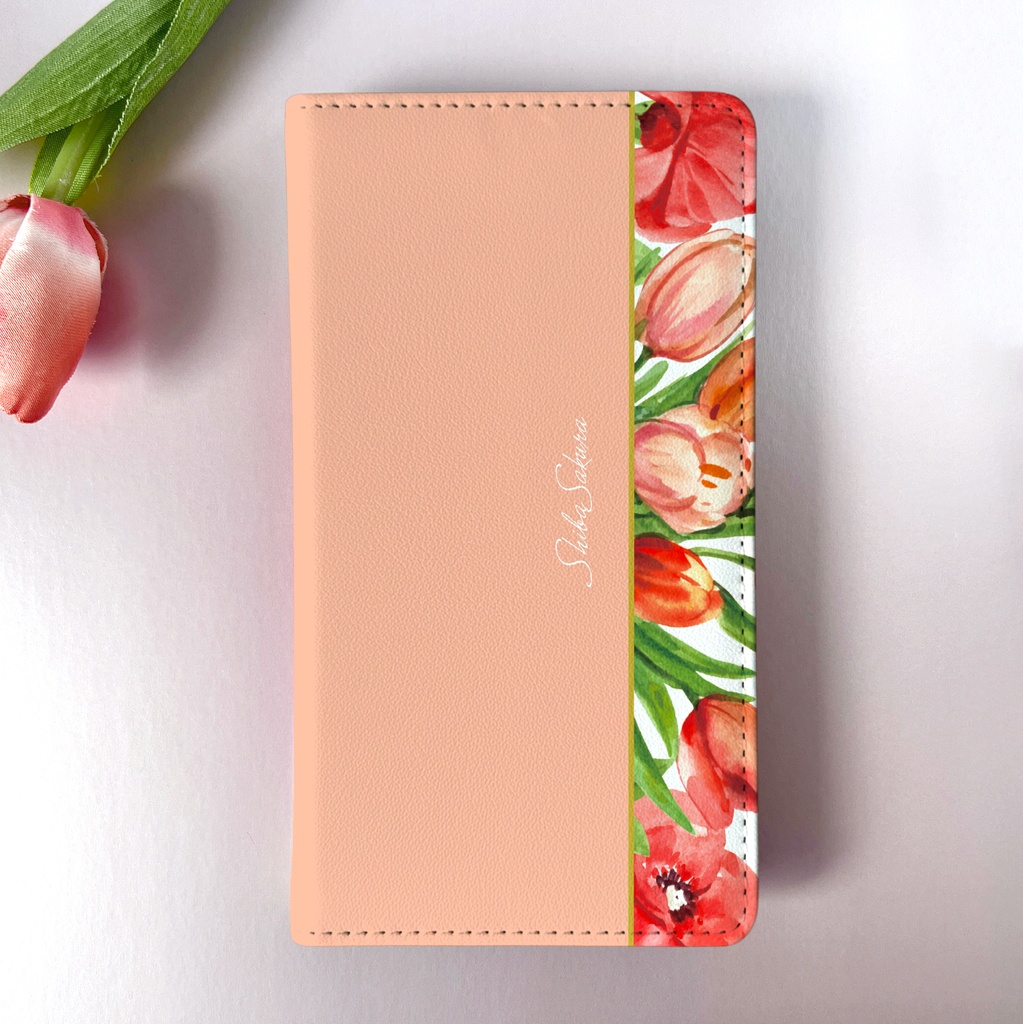 チューリップの手帳型スマホケース(サーモンピンク) iPhone17e Air iphone14 iphone16e iphone15 全機種対応 花 手帳型 スマホケース チューリップ 春