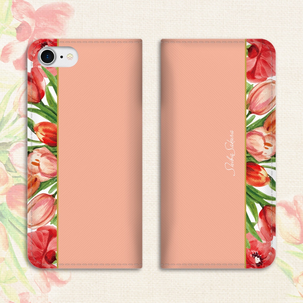 チューリップの手帳型スマホケース(サーモンピンク) iPhone17 Air iphone14 iphone16e iphone15 全機種対応 花 手帳型 スマホケース チューリップ 春