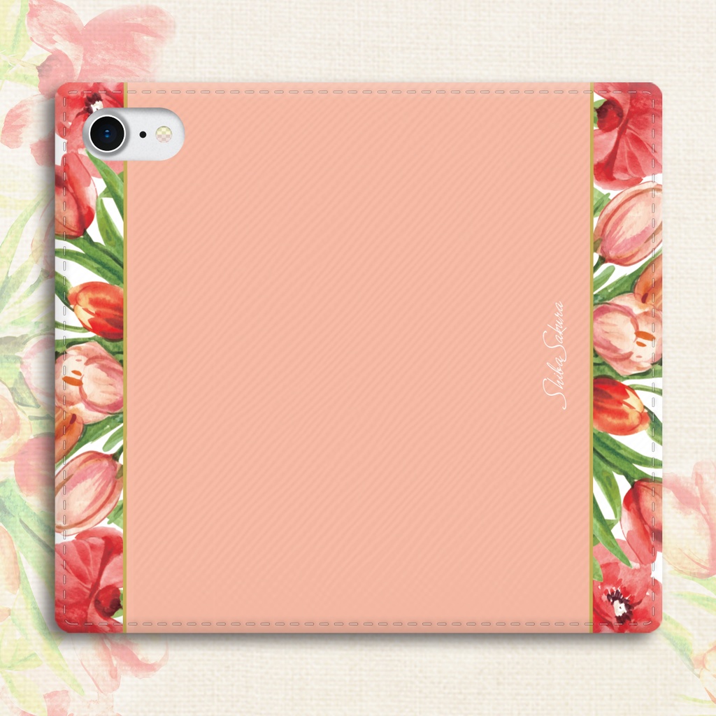 チューリップの手帳型スマホケース(サーモンピンク) iPhone17 Air iphone14 iphone16e iphone15 全機種対応 花 手帳型 スマホケース チューリップ 春