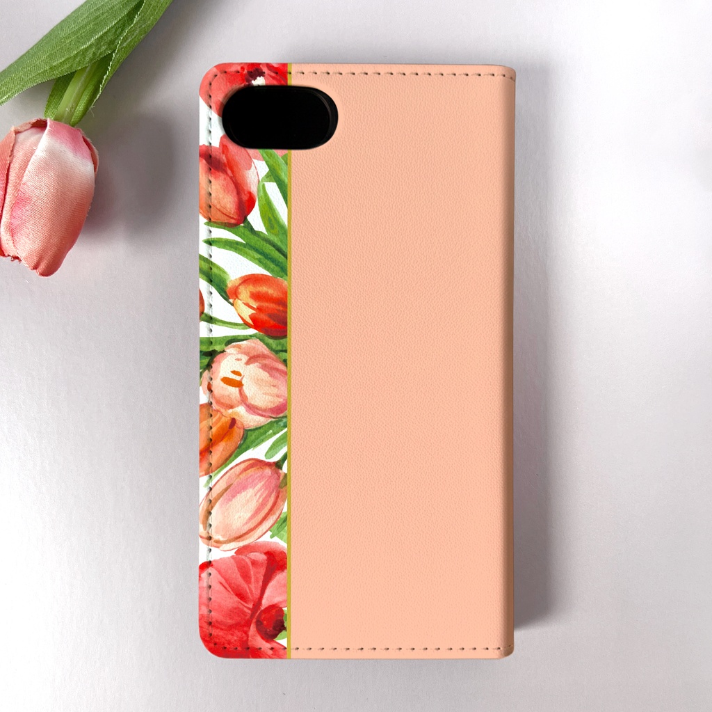チューリップの手帳型スマホケース(サーモンピンク) iPhone17e Air iphone14 iphone16e iphone15 全機種対応 花 手帳型 スマホケース チューリップ 春