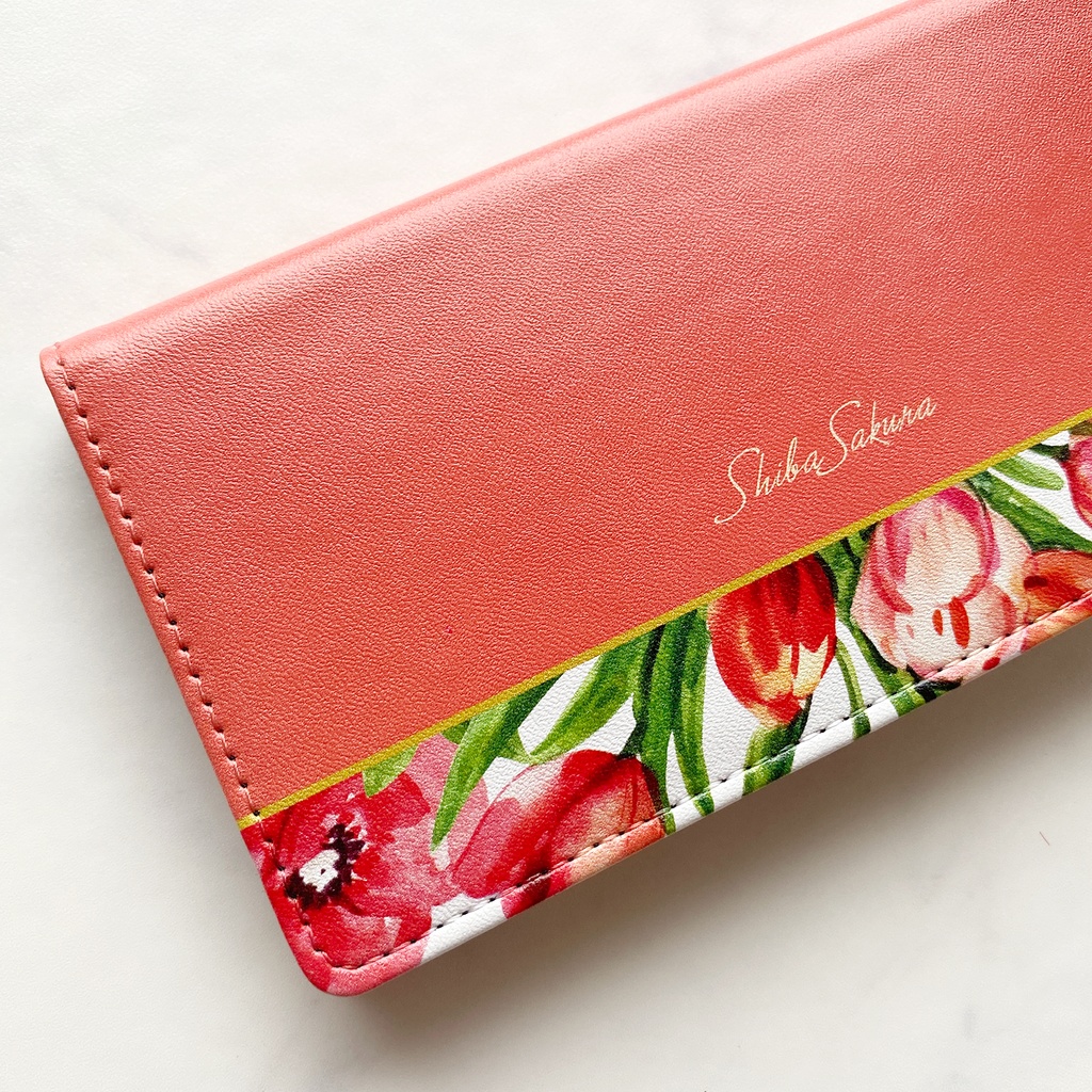 チューリップの手帳型スマホケース(コーラルピンク) iPhone17 Air iphone14 iphone16e iphone15 全機種対応 花 手帳型 スマホケース チューリップ 春