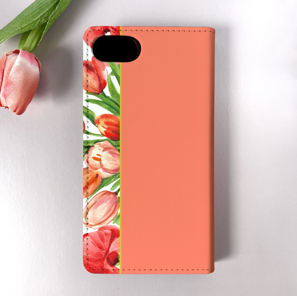チューリップの手帳型スマホケース(コーラルピンク) iPhone17e Air iphone14 iphone16e iphone15 全機種対応 花 手帳型 スマホケース チューリップ 春