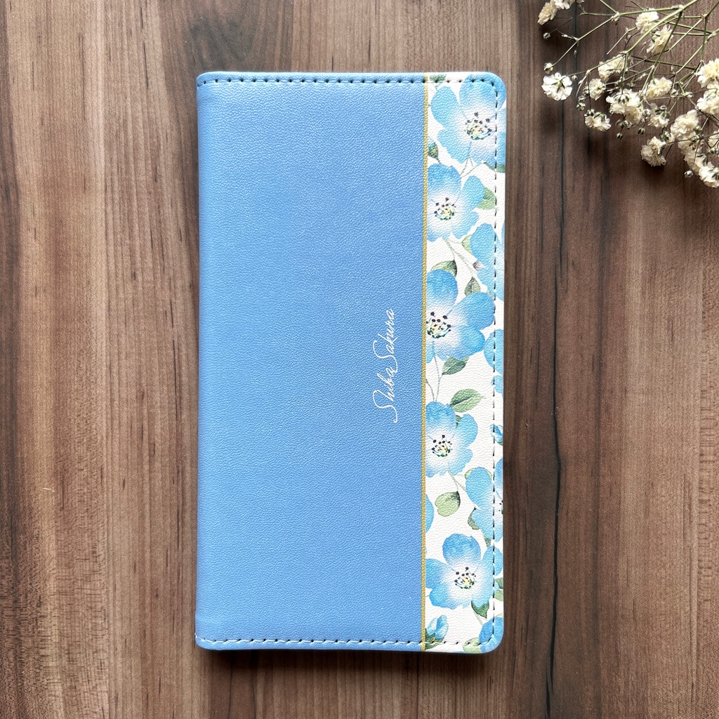 ネモフィラの手帳型スマホケース(スカイブルー) ネモフィラ iphone15 iphone14 iphone16e 全機種対応 春 夏 手帳型 SE3 第3世代