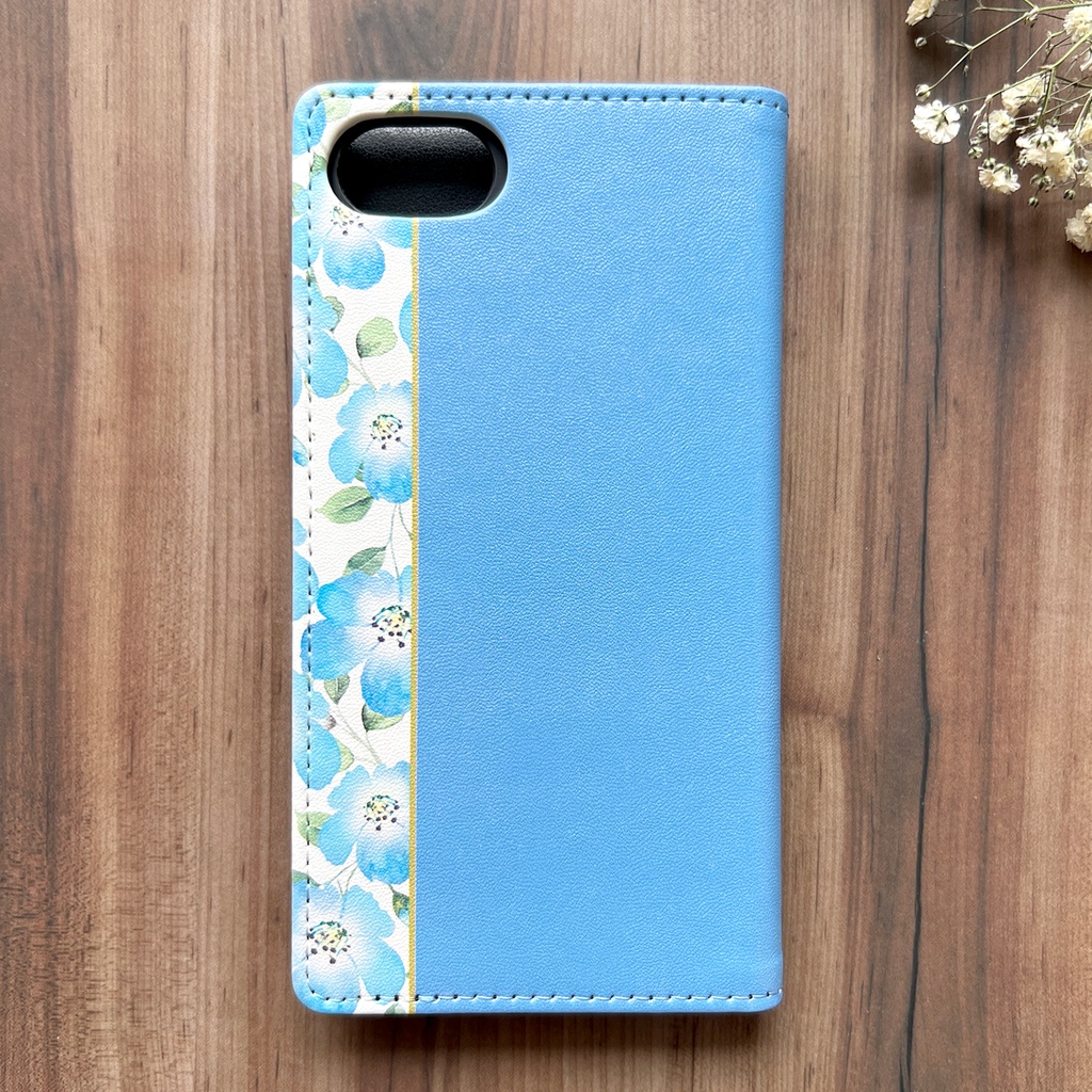 ネモフィラの手帳型スマホケース(スカイブルー) ネモフィラ iphone15 iphone14 iphone16e 全機種対応 春 夏 手帳型 SE3 第3世代