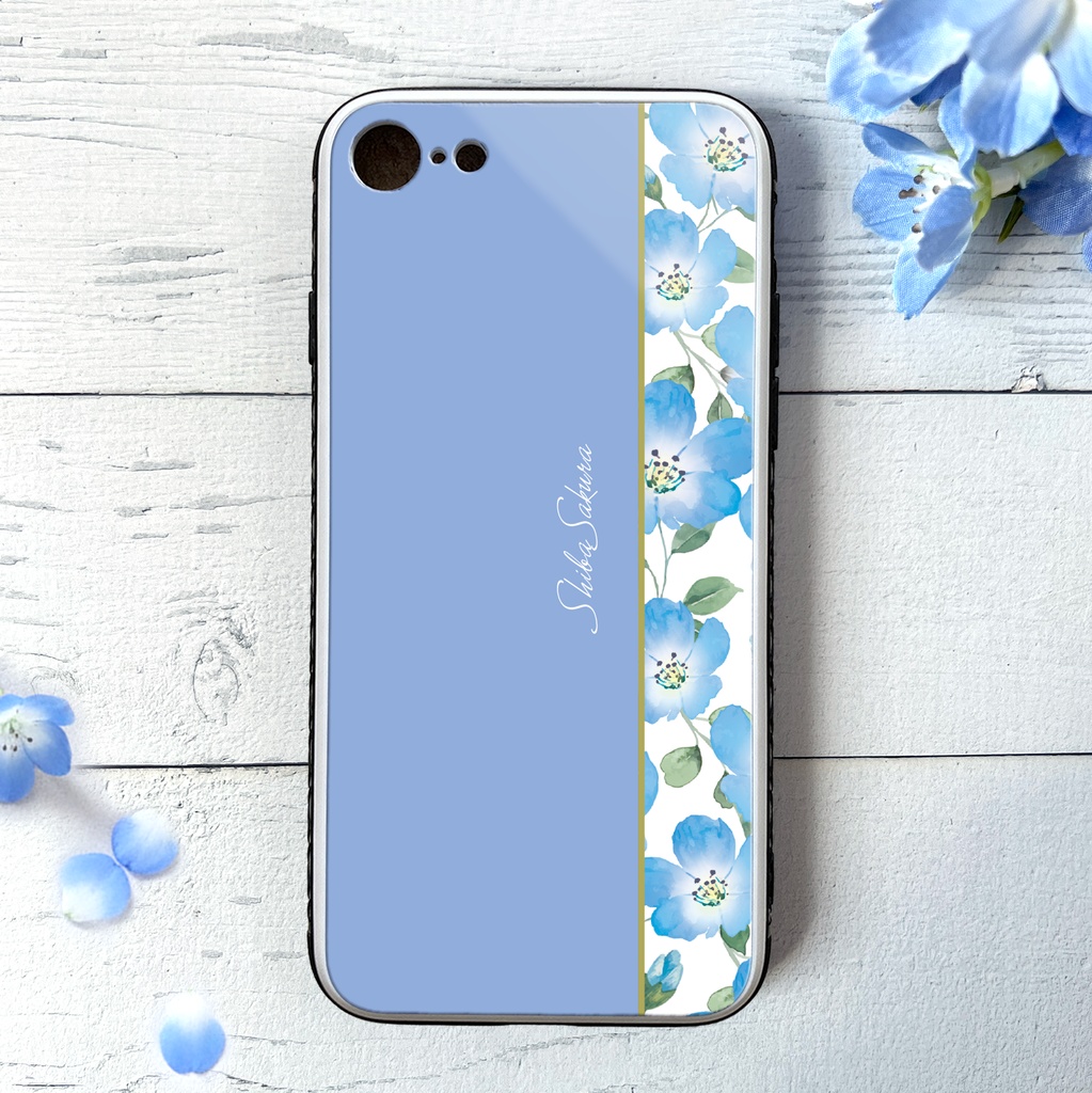 ネモフィラのガラススマホケース（ゼニスブルー） ネモフィラ iPhone17 Air  iphone16 iphone15 夏 春 花 SE3 第3世代 iphone13 iphone14