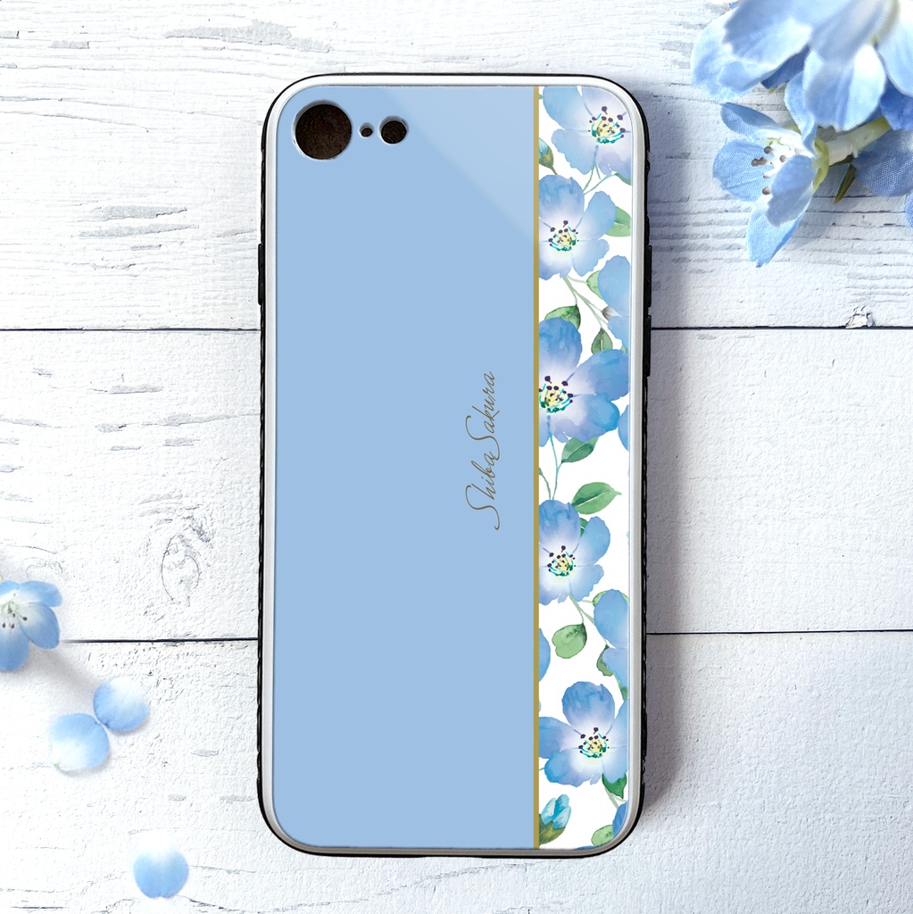 ネモフィラのガラススマホケース（ベビーブルー） ネモフィラ  iPhone17 Air iphone16 iphone15 夏 春 花 SE3 第3世代 iphone13