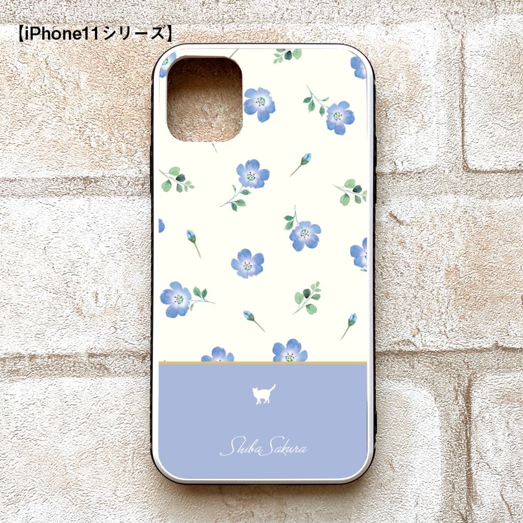 ネモフィラと猫のガラススマホケース(ベビーブルー/強化ガラス) 猫 動物 ネモフィラ 花 iphone16 スマホケース iphone15 iphone13 SE 第3世代 iPhone17 Air iphone14