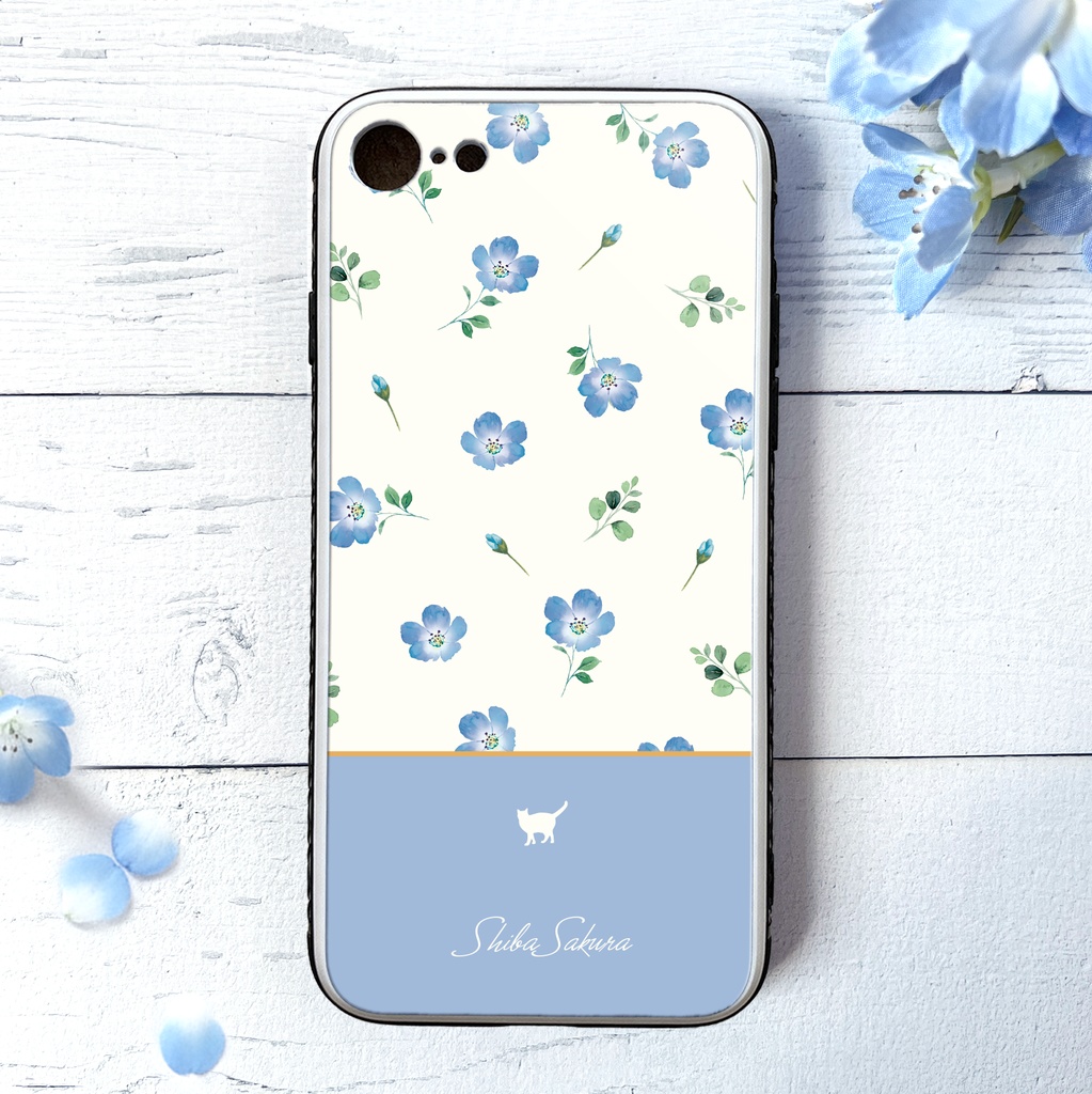 ネモフィラと猫のガラススマホケース(ベビーブルー/強化ガラス) 猫 動物 ネモフィラ 花 iphone16 スマホケース iphone15 iphone13 SE 第3世代 iPhone17 Air iphone14