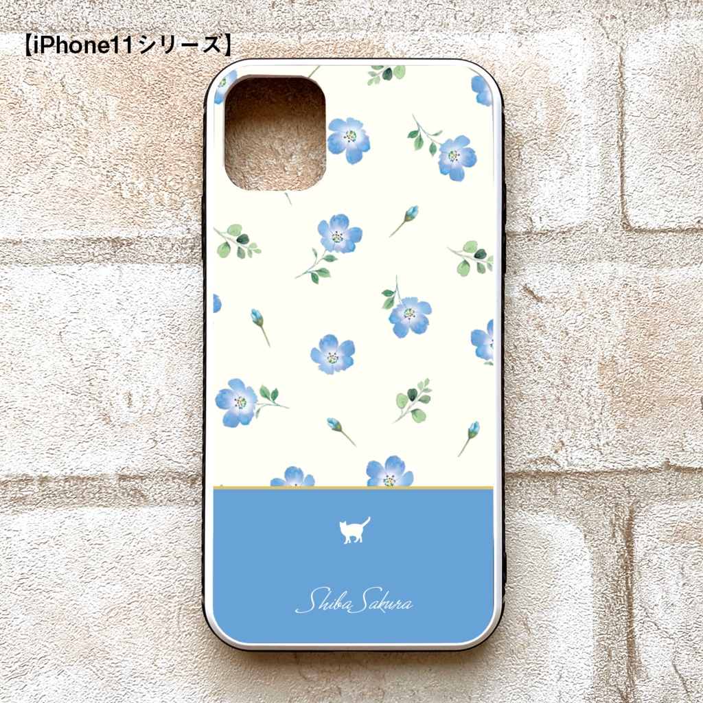 ネモフィラと猫のガラススマホケース(スカイブルー/強化ガラス) 猫 動物 ネモフィラ 花 iphone16 スマホケース iphone15 iphone13 iPhone17 Air SE 第3世代 iphone14