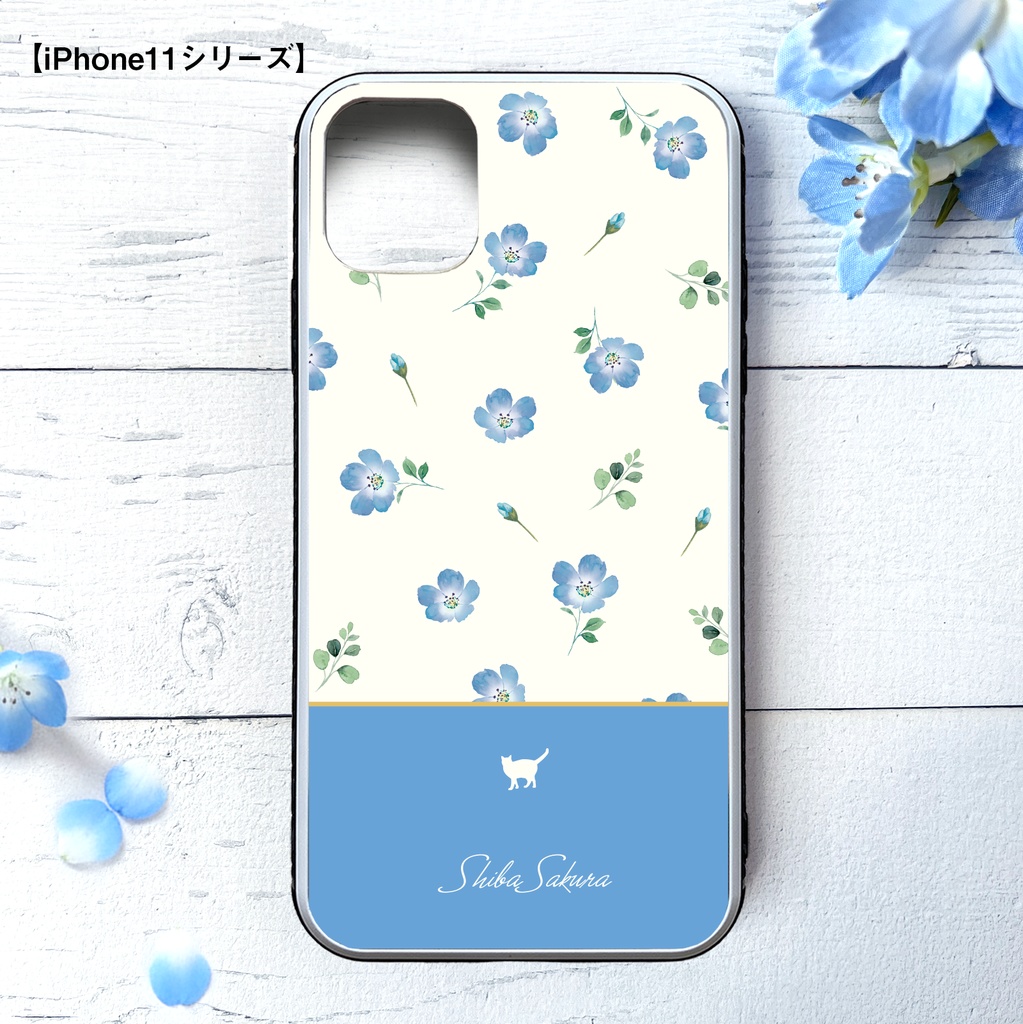 ネモフィラと猫のガラススマホケース(スカイブルー/強化ガラス) 猫 動物 ネモフィラ 花 iphone16 スマホケース iphone15 iphone13 iPhone17e Air SE 第3世代 iphone14