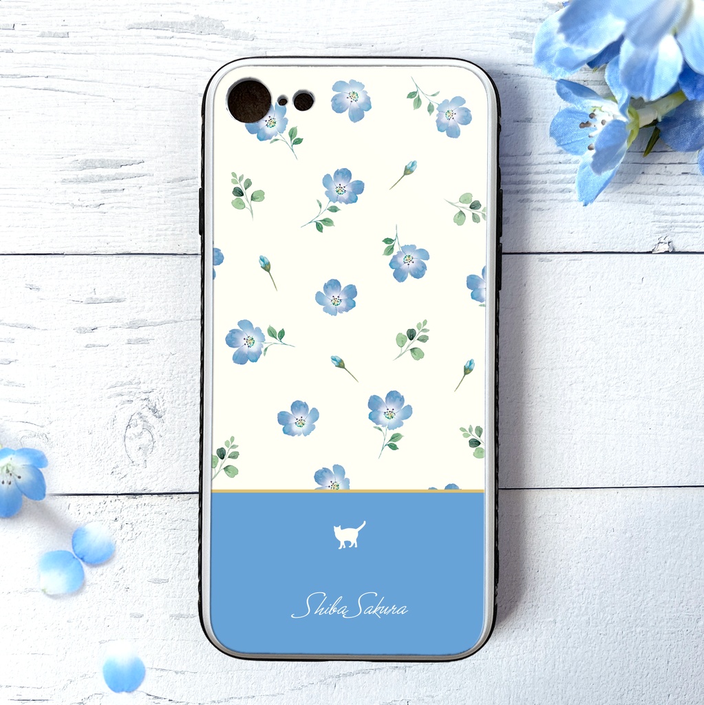 ネモフィラと猫のガラススマホケース（スカイブルー/強化ガラス） 猫 動物 ネモフィラ 花 iphone16 スマホケース iphone15 iphone13 iPhone17e Air SE 第3世代 iphone14