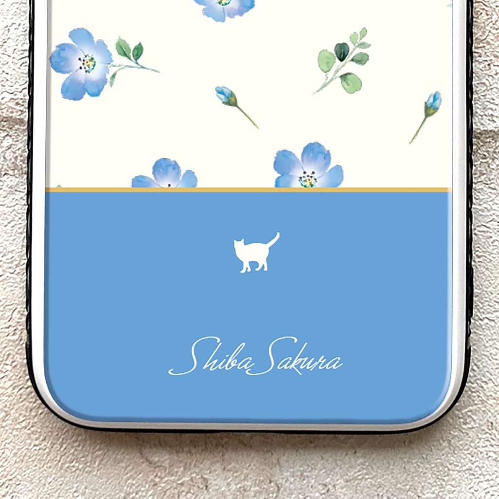 ネモフィラと猫のガラススマホケース(スカイブルー/強化ガラス) 猫 動物 ネモフィラ 花 iphone16 スマホケース iphone15 iphone13 iPhone17 Air SE 第3世代 iphone14