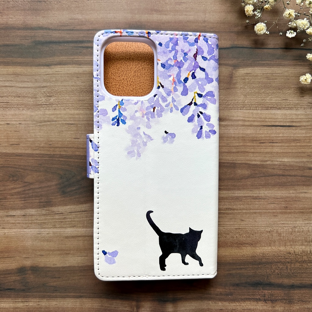 黒猫と藤の手帳型スマホケース (ベルトあり) 藤の花 藤 黒猫 猫 iPhone17 Air iphone14 iphone16e iphone15 iphone13 全機種対応 手帳型 SE3 第3世代