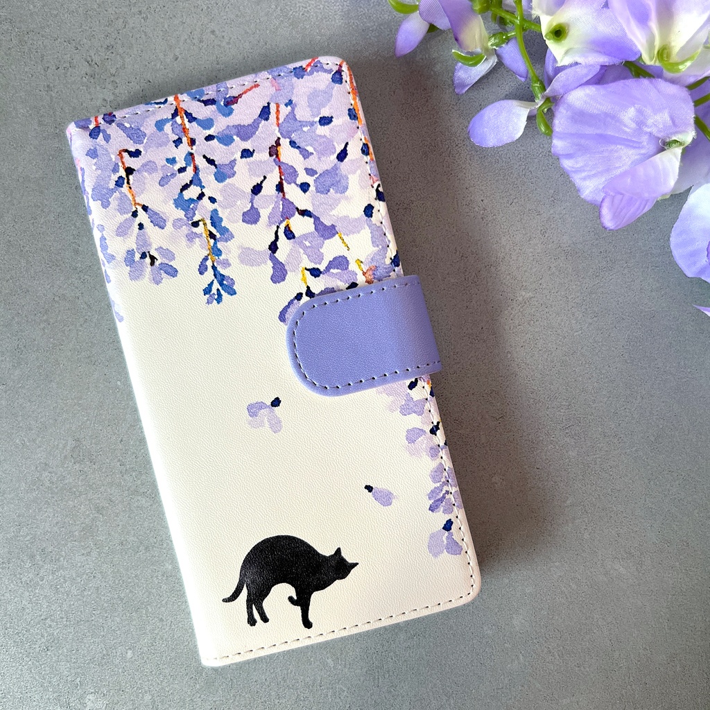 黒猫と藤の手帳型スマホケース (ベルトあり) 藤の花 藤 黒猫 猫 iPhone17e Air iphone14 iphone16e iphone15 iphone13 全機種対応 手帳型 SE3 第3世代