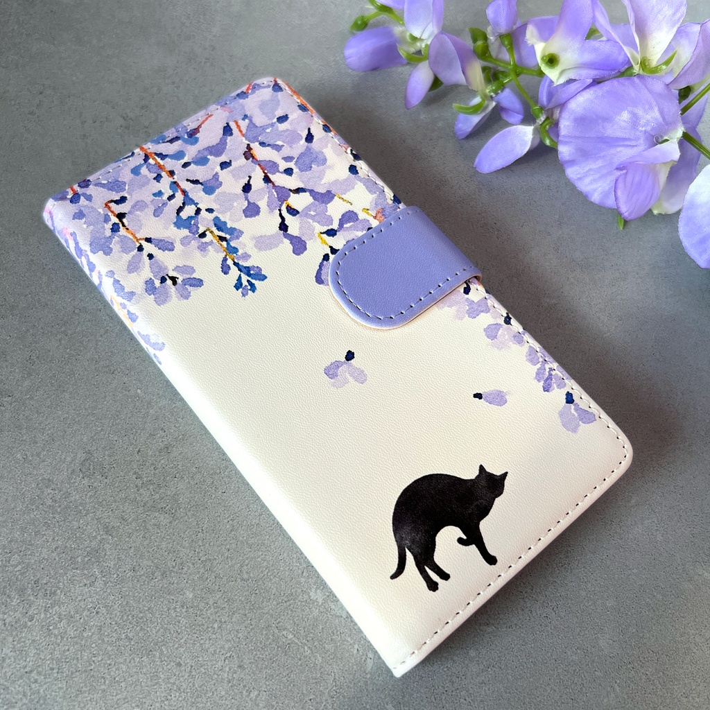 黒猫と藤の手帳型スマホケース (ベルトあり) 藤の花 藤 黒猫 猫 iPhone17e Air iphone14 iphone16e iphone15 iphone13 全機種対応 手帳型 SE3 第3世代