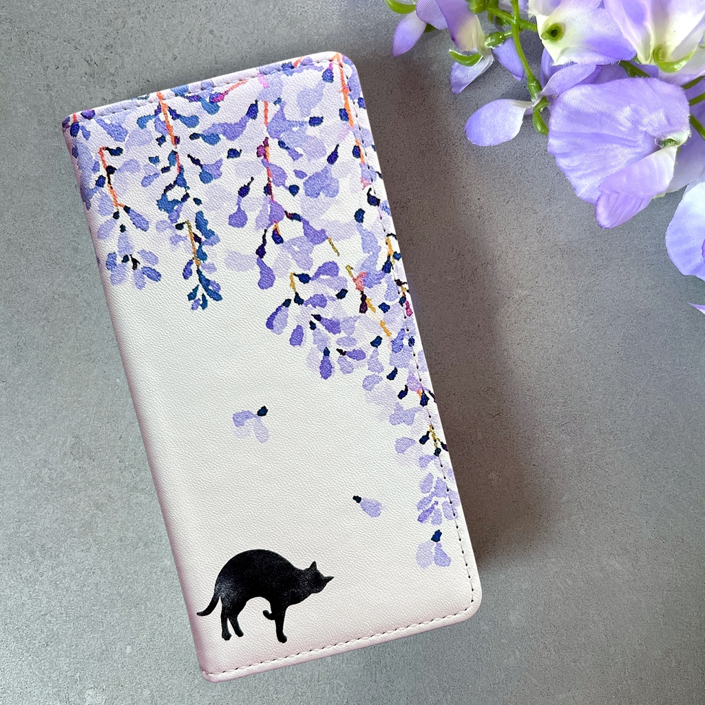 黒猫と藤の手帳型スマホケース （ベルトなし）  iPhone17 Air 藤の花 藤 黒猫 猫 iphone15 iphone14 iphone16e 全機種対応 手帳型 SE3 第3世代