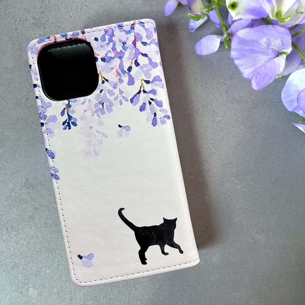 黒猫と藤の手帳型スマホケース (ベルトなし) iPhone17 Air 藤の花 藤 黒猫 猫 iphone15 iphone14 iphone16e 全機種対応 手帳型 SE3 第3世代