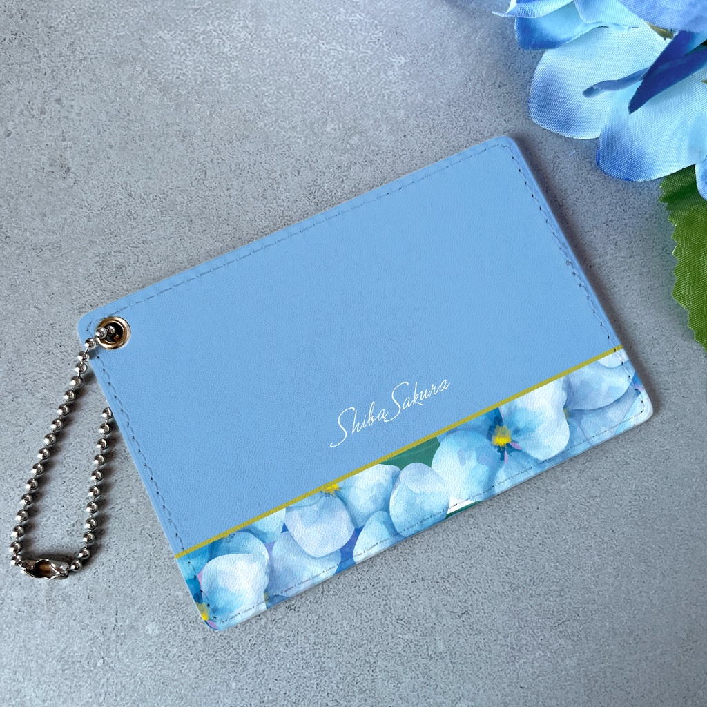 梅雨の紫陽花のパスケース(薄青) 紫陽花 花 定期入れ カードケース