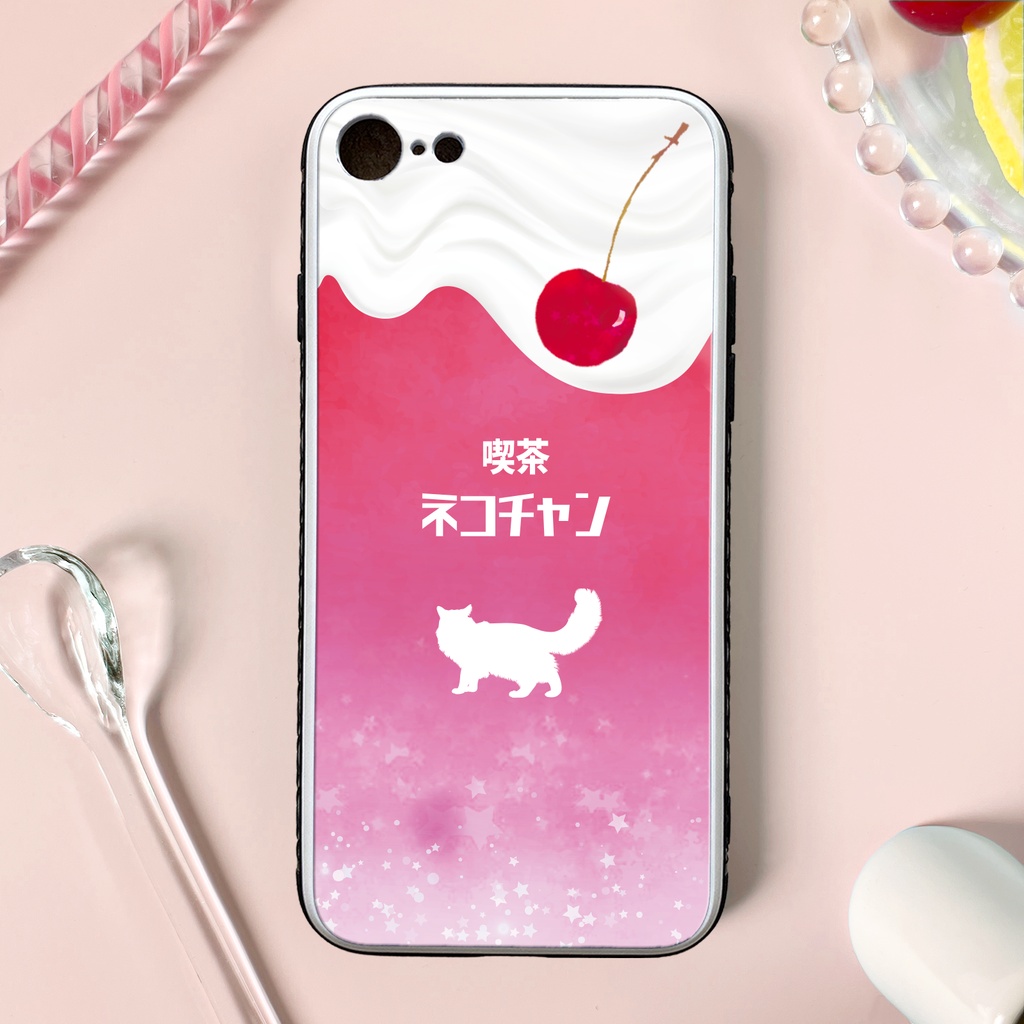 ねこねこストロベリークリームソーダのスマホケース（強化ガラス）猫 宇宙 星 海 メンズ iphone15 iphone16 iphone14 iPhone17e Air iphone13 SE3 XR 他
