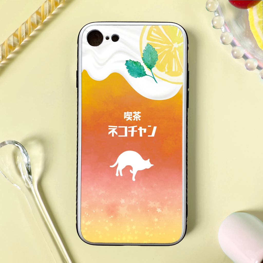 猫と夕焼けレモンティー 強化ガラス スマホケース 猫 メンズ 紅茶 iphone15 iphone16 iphone14 iPhone17e Air iphone13 SE3 XR 他