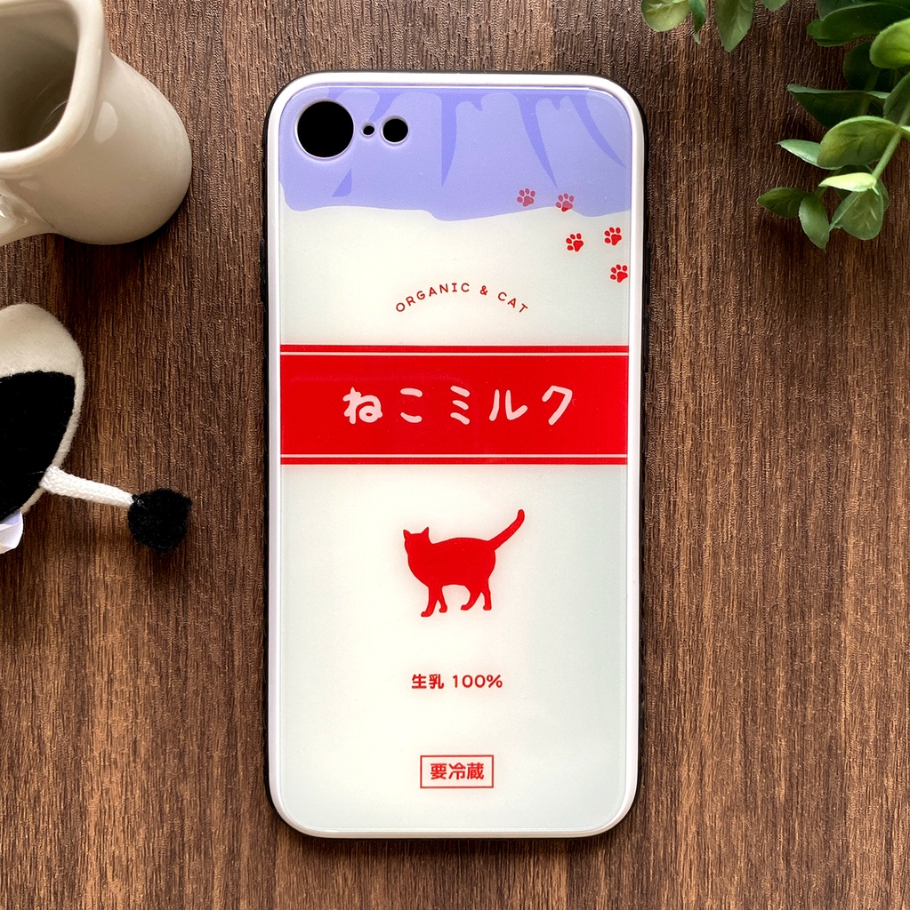 ねこミルクのガラススマホケース(赤/強化ガラス) 猫 動物 黒猫 メンズ iPhone17 Air iphone16 スマホケース iphone15 iphone13 iphone14 SE 第3世代